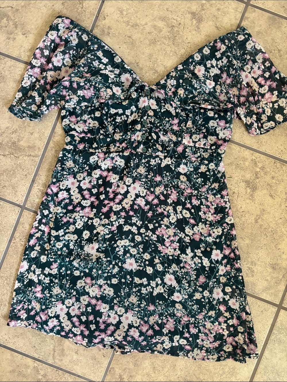 Xhilaration Dark Green Floral Off-Shoulder Dress with Pink and Cream Flowers